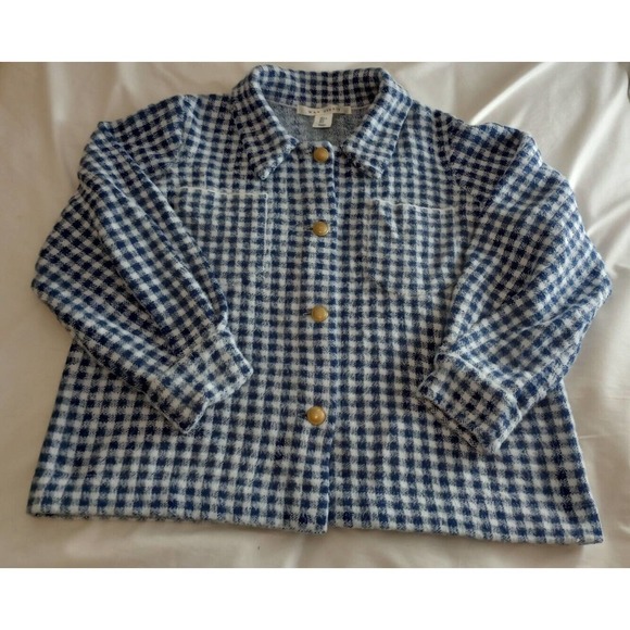 Max Studio Womens Blue White Gingham Plaid Button Up Shirt Jacket Shacket Size L - Picture 8 of 11